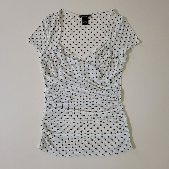 Moda International White and Black Polka Dot Semi-Sheer Short Sleeve Top - Picture 2 of 13